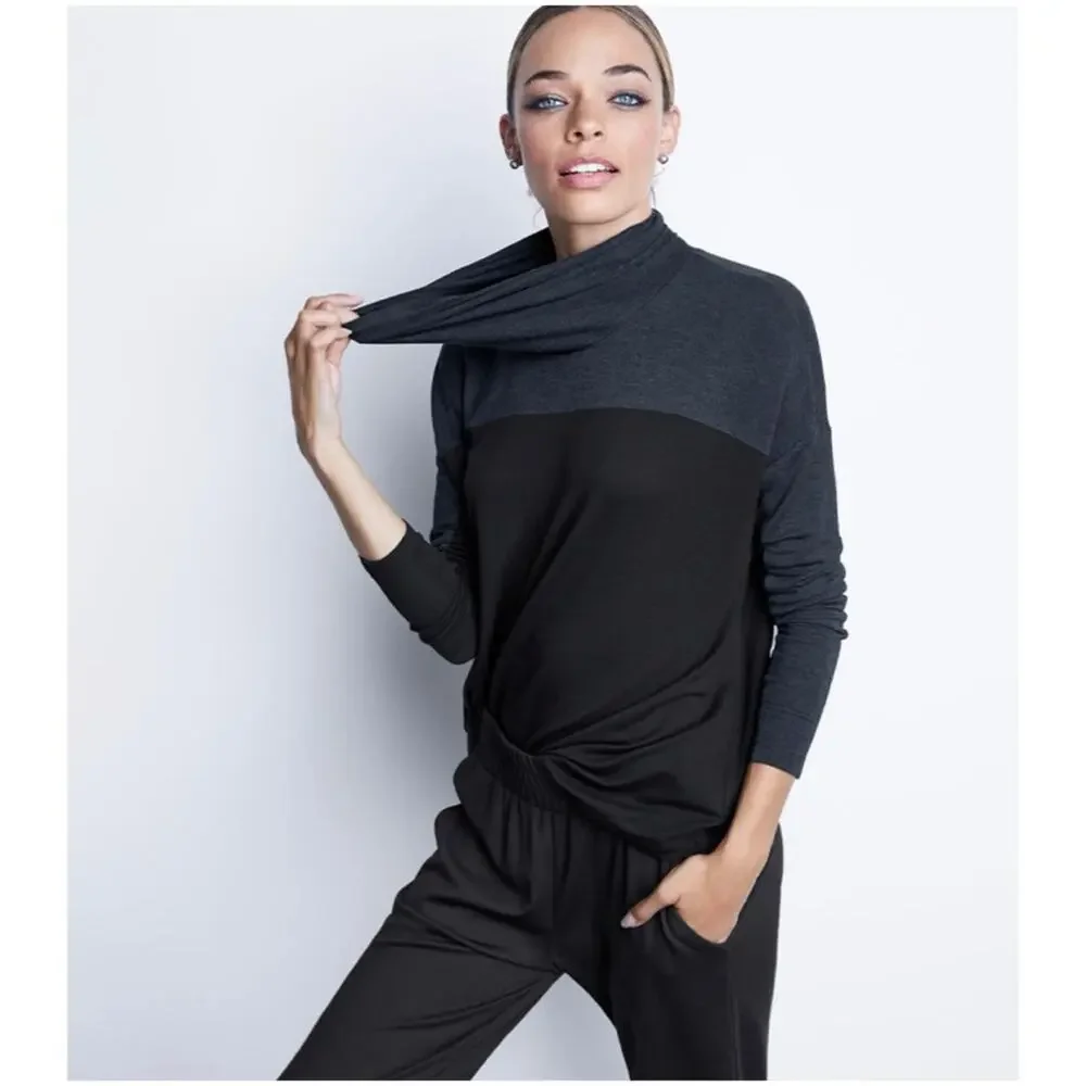 Cabi Women’s Sz L Gray Black Cozy Cowl Pullover Top Soft Stretch Knit Joan